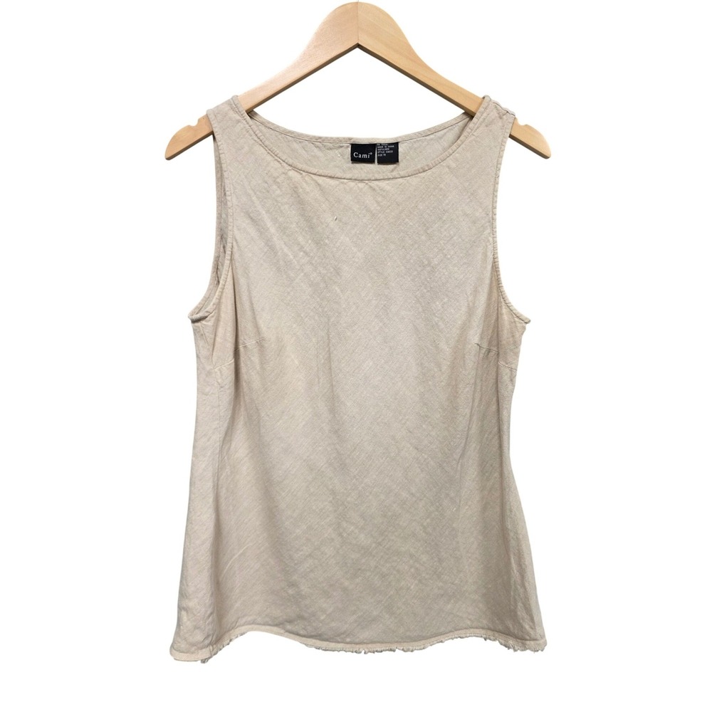 Cami 100% Linen Tank Top Women 14 Beige Sleeveless Boat Neck Raw Lagenlook EUC